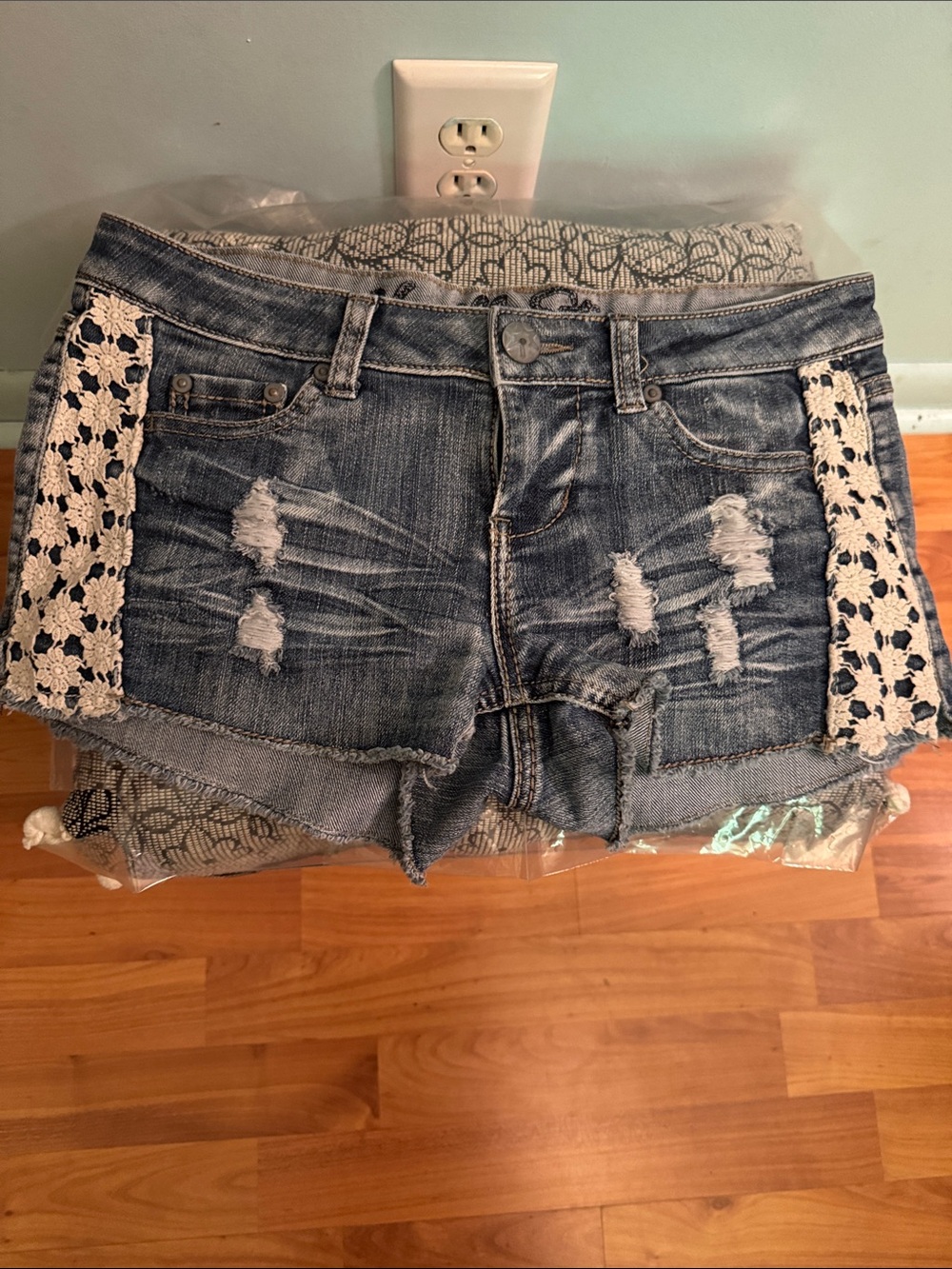 Vanilla Star Distressed Denim Shorts with Crochet Panels - Blue